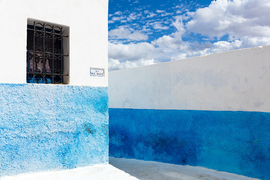 Typical blue and white street scene in Kasbah des Oudaya ,Kasbah of the Udayas, Rabat, Morocco, North Africa, Africa