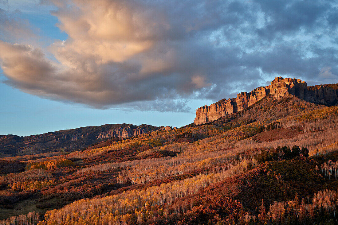 Clouds over the palisades at Owl Creek Pass in the fall, Uncompahgre National Forest, Colorado, United States of America, North America