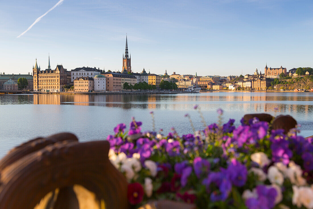 Blick auf Riddarholmen und Sodermalm in der Morgendämmerung aus der Nähe von Rathaus, Stockholm, Schweden, Skandinavien, Europa