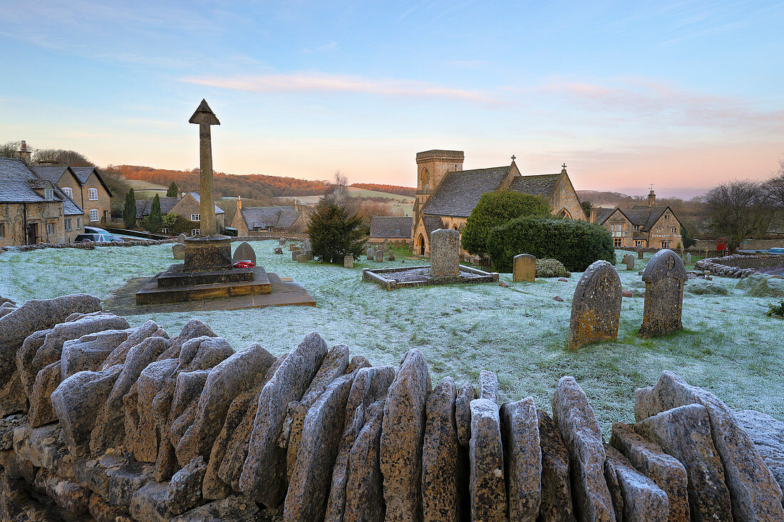 St. Barnabas church and Cotswold village in frost, Snowshill, Cotswolds, Gloucestershire, England, United Kingdom, Europe