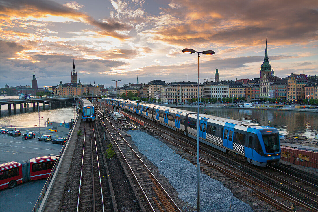 Riddarholmen Church and city skyline, trains from Sodermalm, Stockholm, Sweden, Scandinavia, Europe