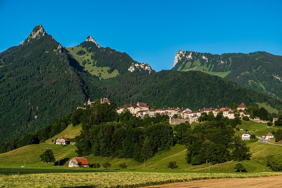 Blick auf das Dorf Gruyère, Gruyère, Kanton Freiburg, Schweiz