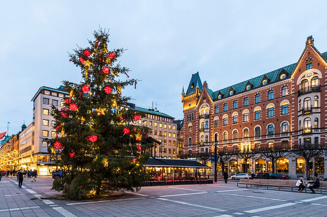 View towards the Nobis Hotel and Christmas pedestrian zone in Stockholm, Stockholm, Sweden