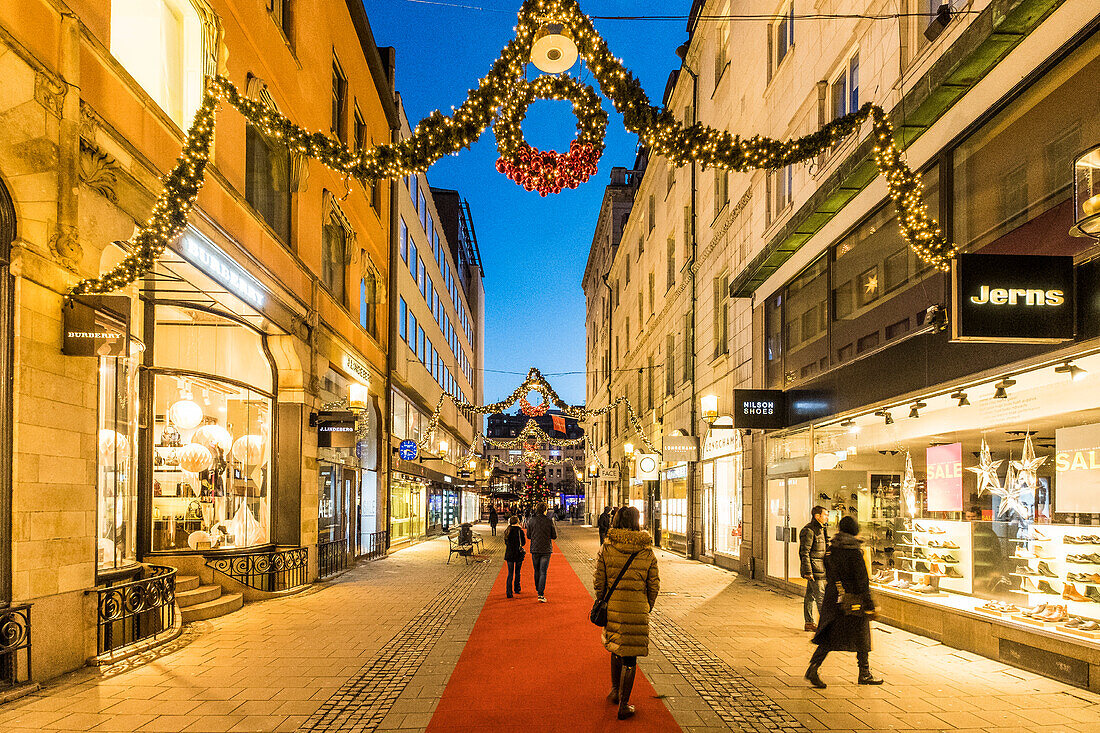 View up the Christmas pedestrian zone of Stockholm, Stockholm, Sweden