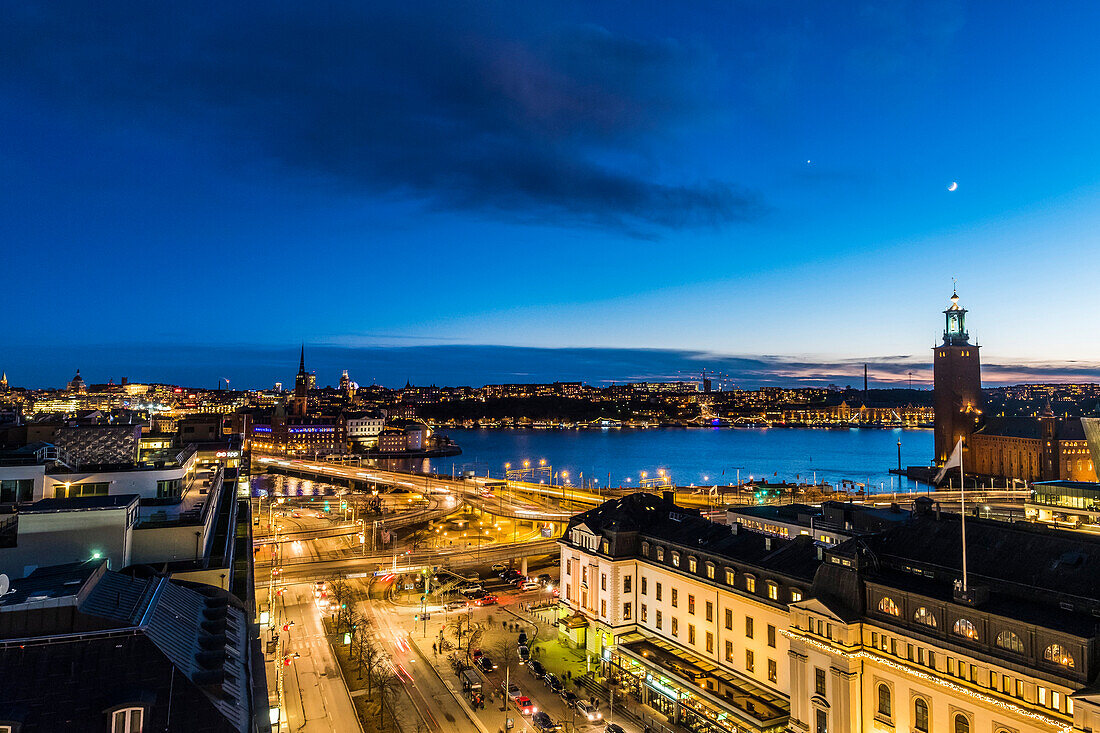 view to the central station and Stadhus at dusk, Stockholm, Stockholm, Sweden