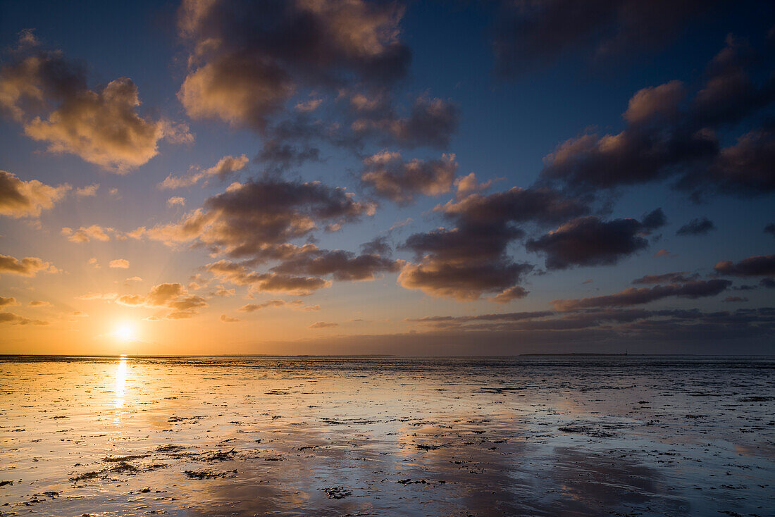 Sonnenuntergang an der Nordsee, Nationalpark Wattenmeer, Schillig, Wangerland, Landkreis Friesland, Niedersachsen, Deutschland