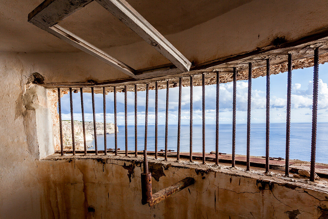 Inside the bunker Mirador del Aguila close to the lighthouse of Cap Blanc, Mallorca, Balearic Islands, Spain