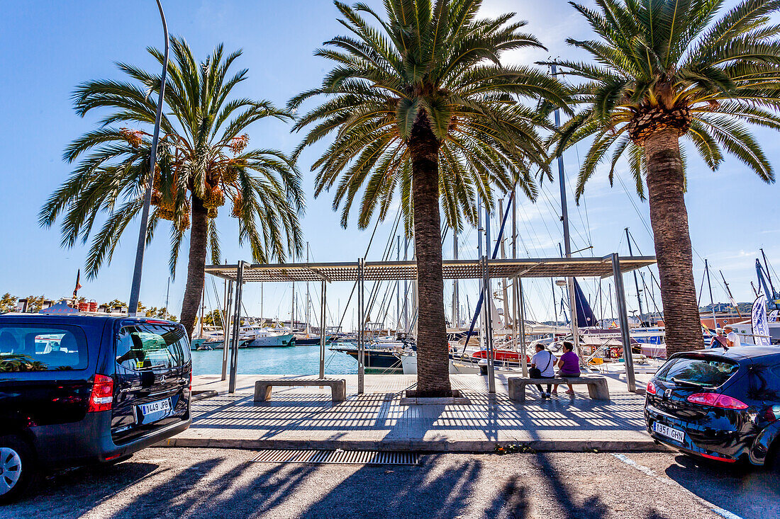 Luxus-Yachten und Autos im Hafen von Palma, Mallorca, Spanien, Europa