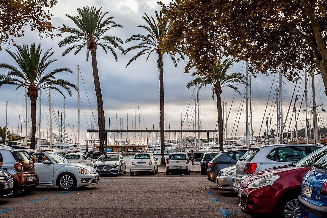 Luxus-Yachten und Parking im Hafen von Palma, Mallorca, Spanien, Europa