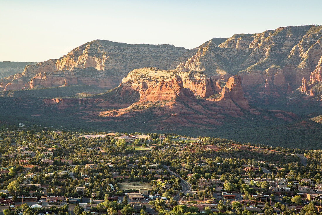 Majestic scenery with Sedona city in foreground and mountains in background, Arizona, USA