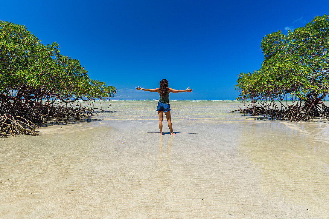 Rear view of young woman standing with open arms next to mangrove trees on tropical beach in Morro de Sao Paulo, south Bahia state, Brazil