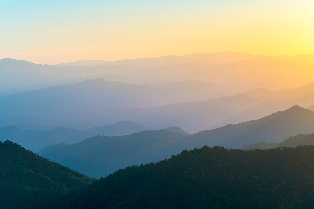 United States, North Carolina, Jackson County. Blue Ridge Mountains from the Blue Ridge Parkway at sunset.
