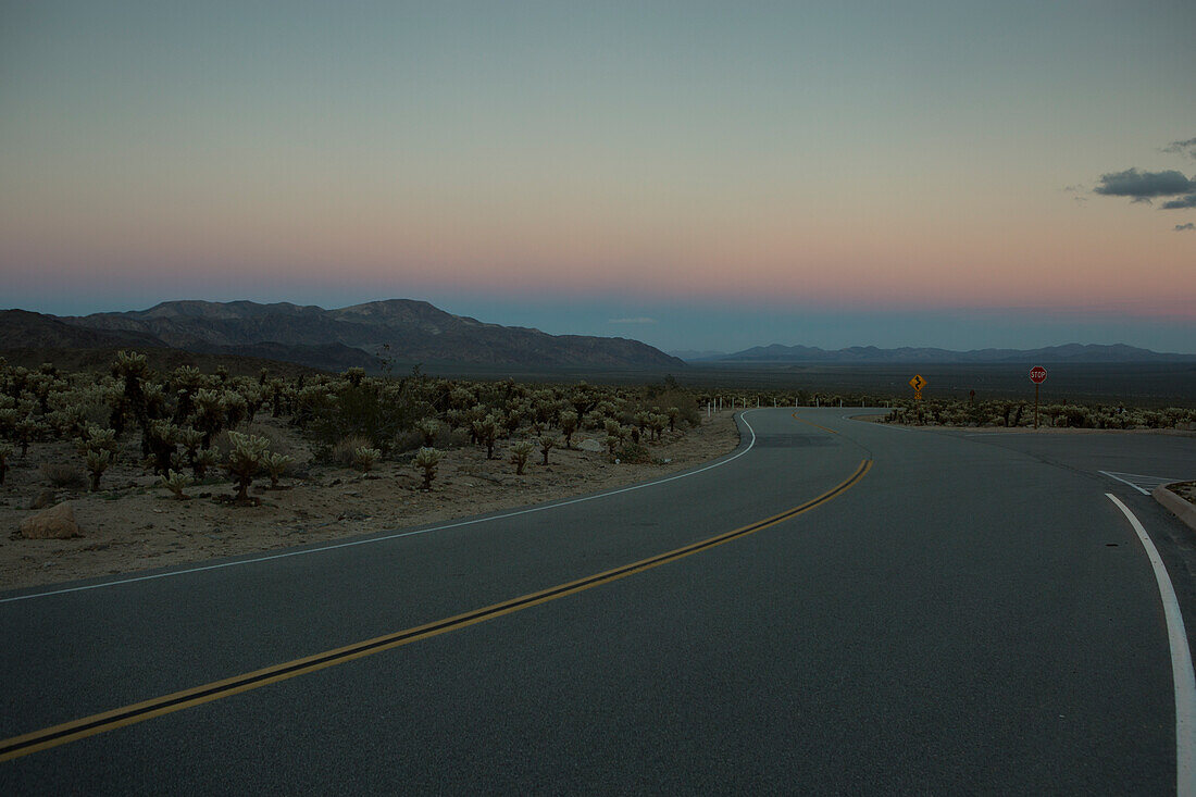 Fotografie der leeren Straße in der Wüste bei Sonnenuntergang in Joshua Tree National Park, Kalifornien, USA.
