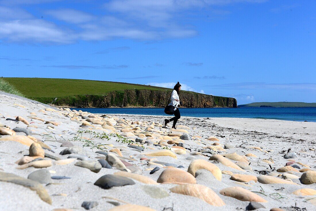 Frau geht auf Strand, am Newark Bay, Ostküste von Mainland, Orkney Inseln, Äußere Hebriden, Schottland