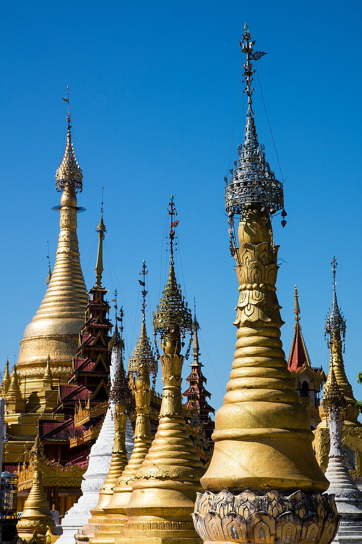 Golden pagodas at Shwe Paw island on Ayeyarwady (Irrawaddy) river, Shwegu, Kachin, Myanmar