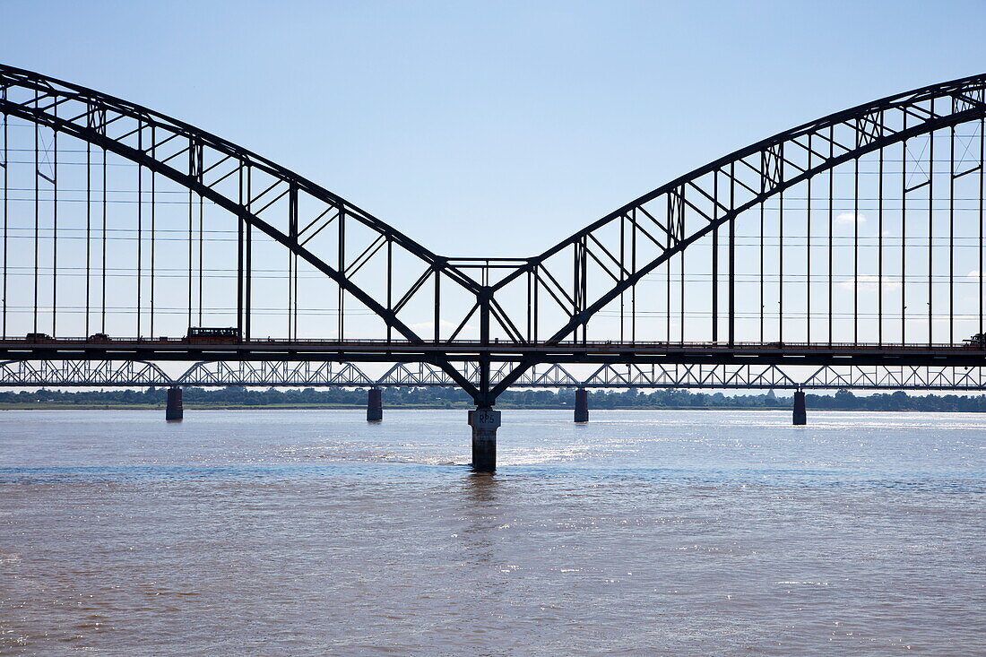 Yadanabon Bridge across Ayeyarwady (Irrawaddy) with Ava Bridge behind , Sagaing, Sagaing, Myanmar