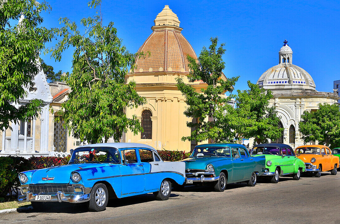 American vintage cars from the 1950s parked in the cemetery Necropolis Cristobal Colon