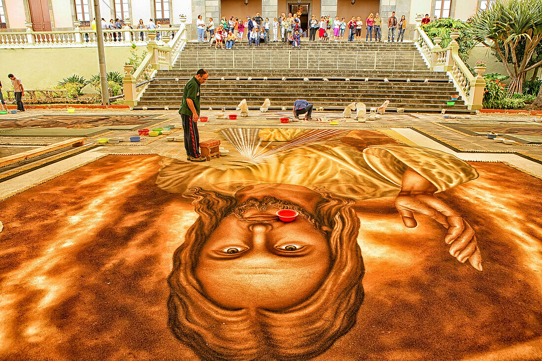 Artists prepare paintings for Corpus Christi in Orotava, Tenerife