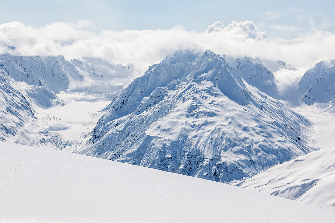 The Chilkat Range in Haines, Alaska is a destination for skiers and snowboarders who ride helicopters in the spring.