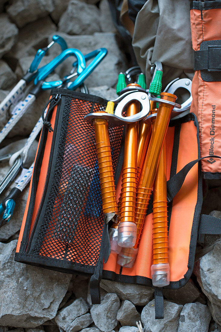 High angle view of an ice climbing gear