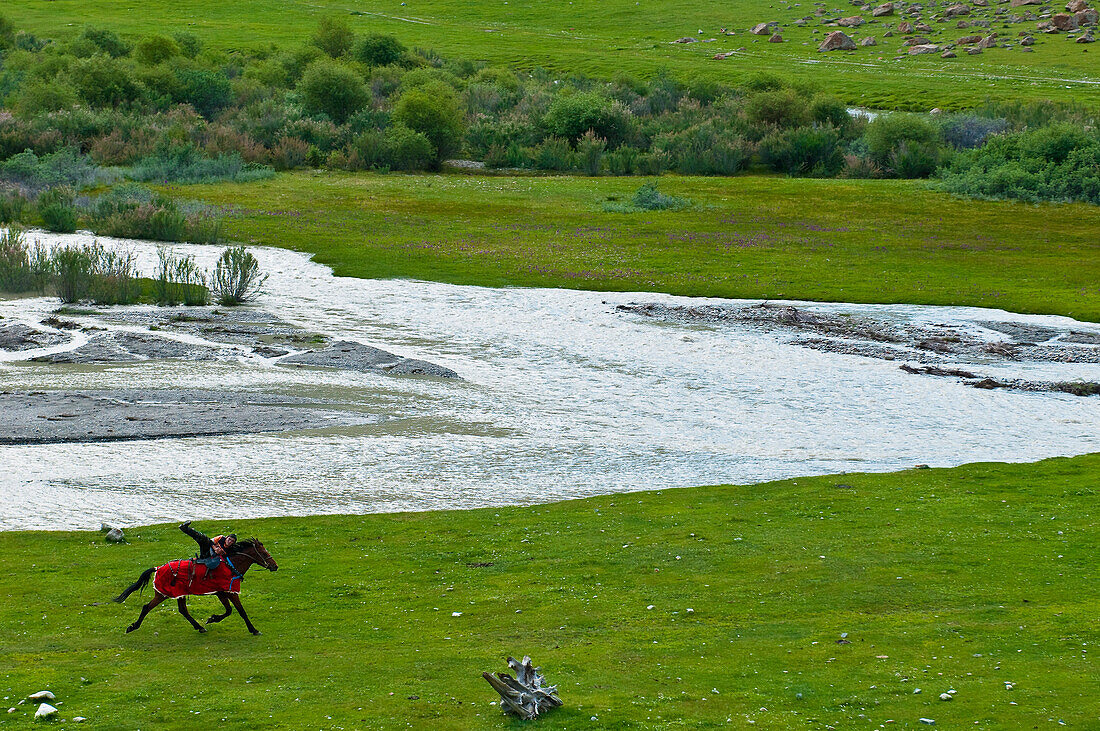 Zentralasien, Kirgisistan, Issyk Kul Provinz (Ysyk-Köl), Juuku-Tal, Pferderennen ist eine nette Art, Spaß zu haben