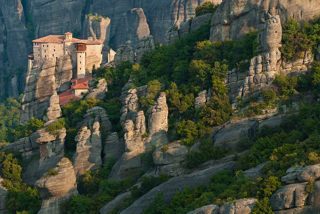 Europe, Grece, Plain of Thessaly, Valley of Penee, World Heritage of UNESCO since 1988, Orthodox Christian monasteries of Meteora perched atop impressive gray rock masses sculpted by erosion, the Roussanou convent