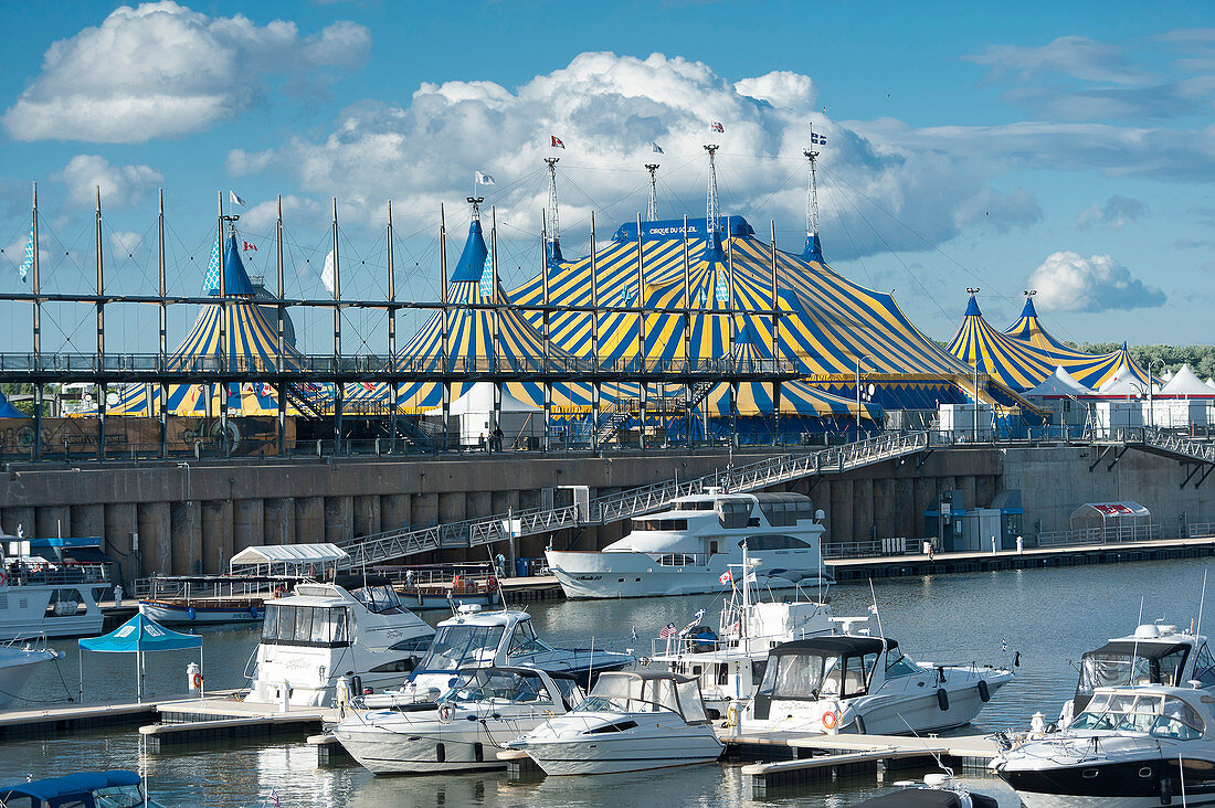 Canada. Province of Quebec, Montreal. The old port. The marina and the Big Top of the Cirque du Soleil