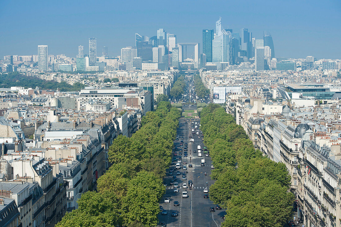 France. Paris 16th district. Area of Place de l'Etoile. Avenue de la Grande Armée. In the background: buildings of La Defense