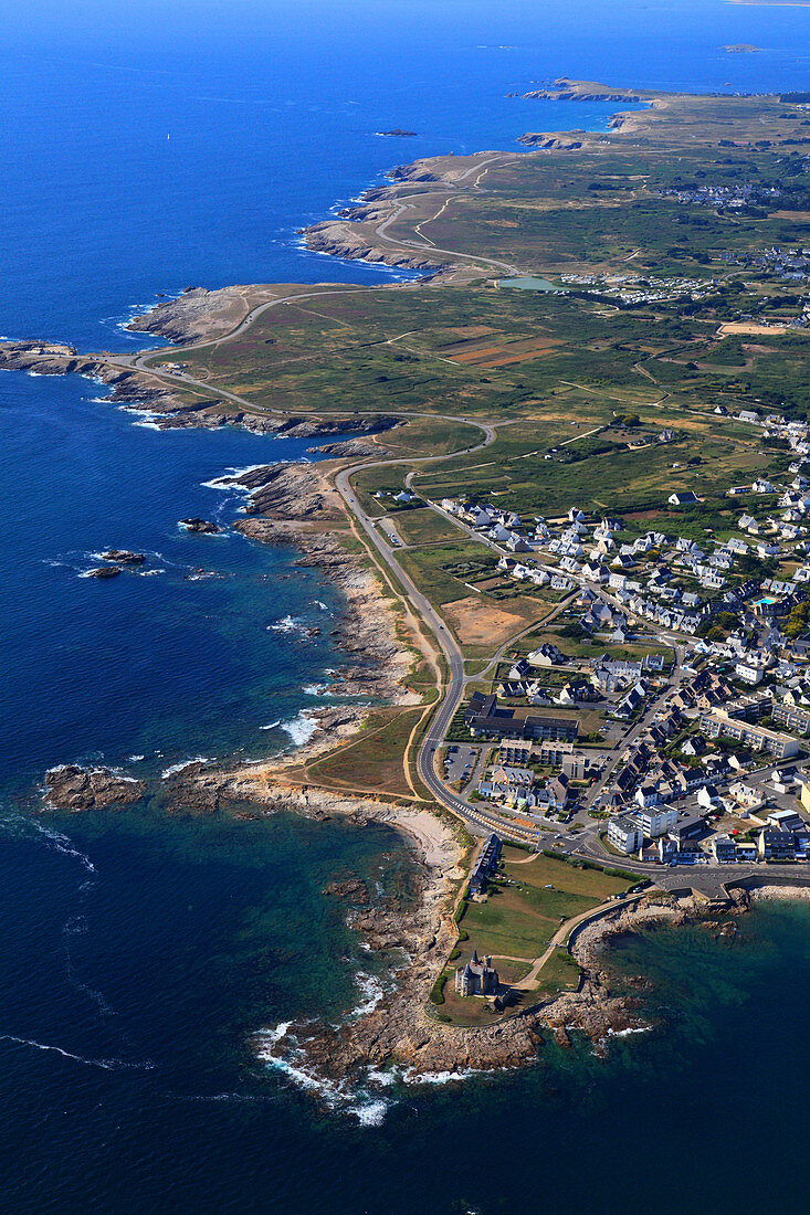 France, Western France, aerial view of Quiberon peninsula. Castle of Quiberon and the wild coast in the background.