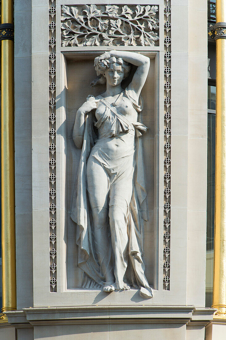 France. Paris 9th district. Statue decorating the facade of the department store Au Printemps