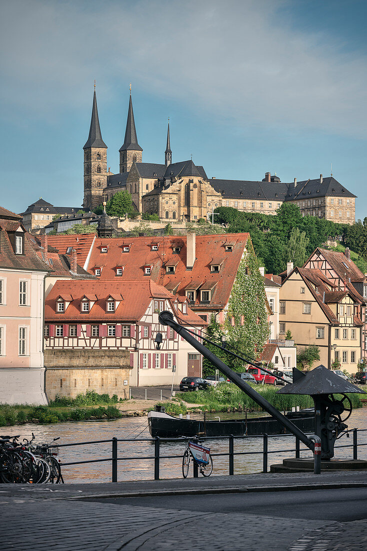 View across Regnitz river towards monastery at Michelsberg, Bamberg, Franconia Region, Bavaria, Germany, UNESCO World Heritage