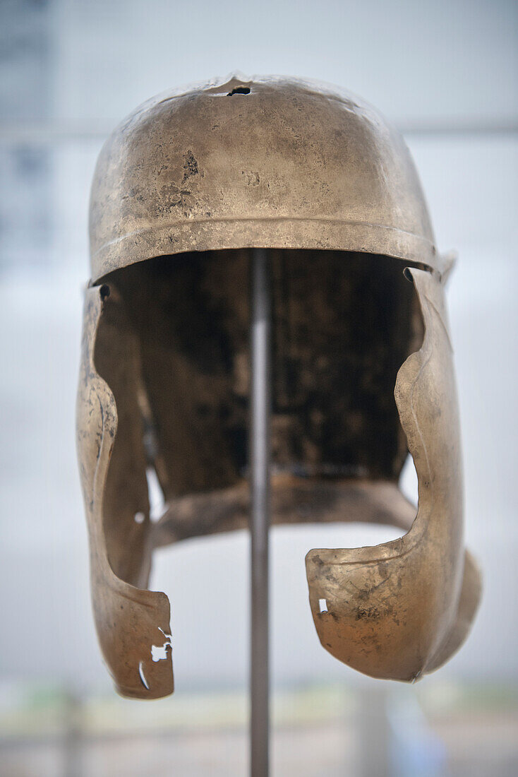 UNESCO World Heritage roman border defense, Limes, helmet of roman soldier in Limes Museum in Aalen, Ostalb province, Baden-Wuerttemberg, Germany