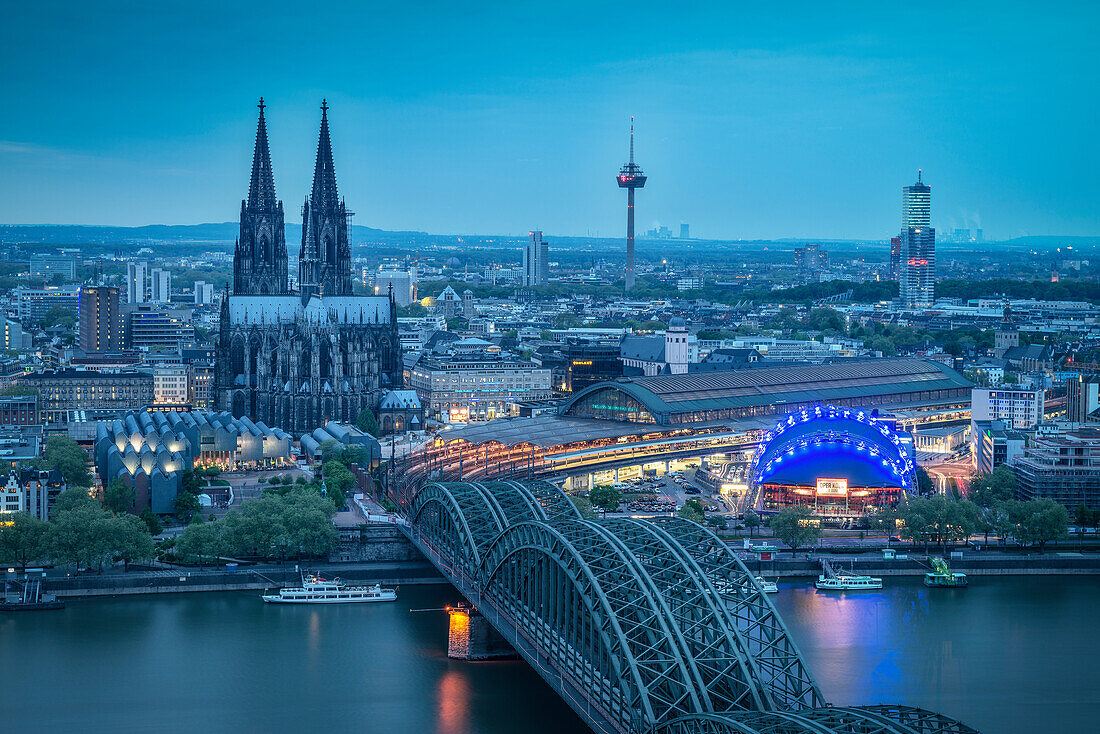 UNESCO World Hermitage Cologne cathedral and Hohenzollern Bridge across the river Rhine, Germany