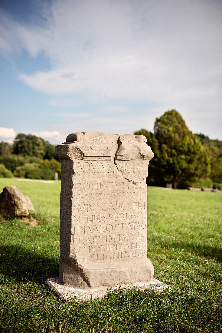 UNESCO World Heritage Limes roman border, stone with roman inscription, Eastern fort Welzheim, Baden-Wuerttemberg, Germany