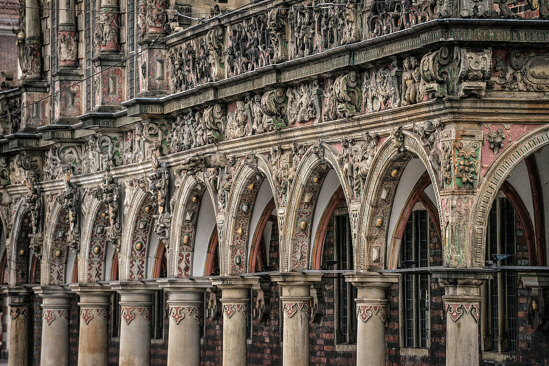 UNESCO Welterbe Bremer Rathaus, Detail der reichhaltig verzierten Fassade vom Rathaus, Hansestadt Bremen, Deutschland