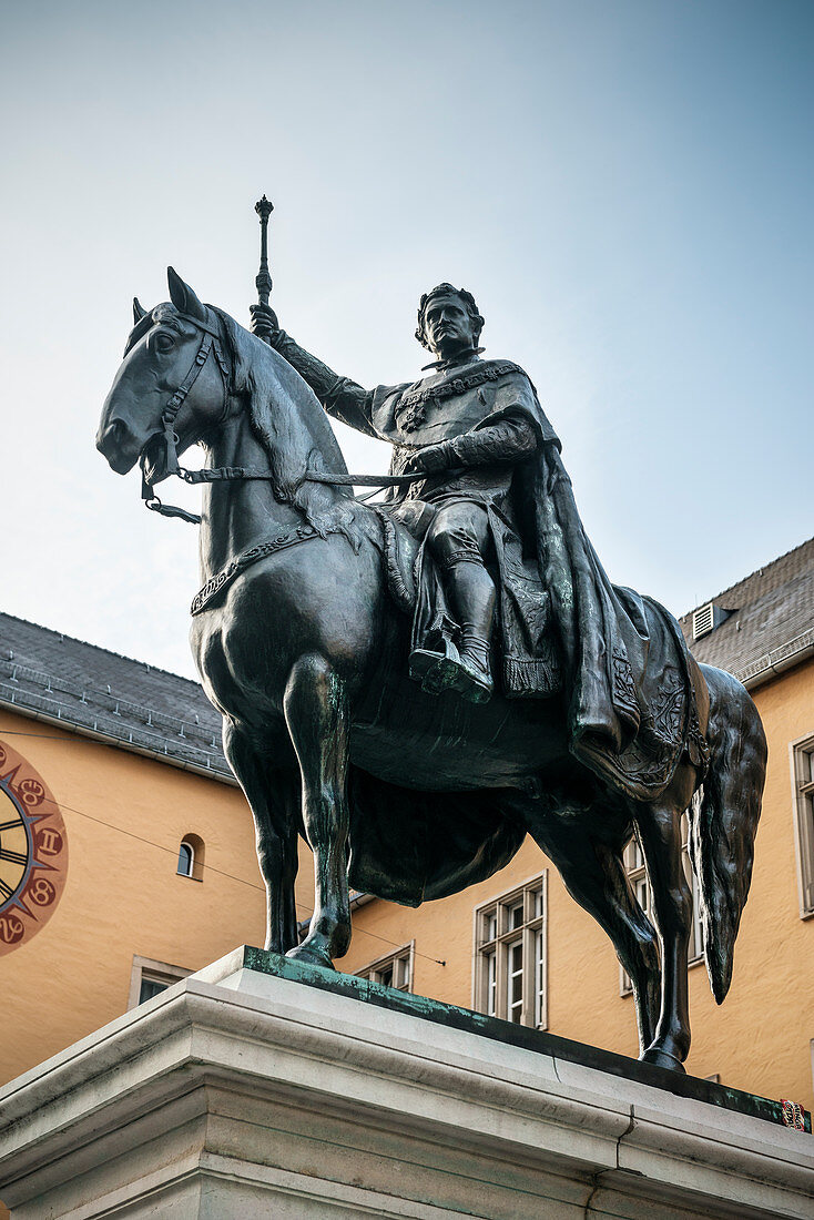 UNESCO World Heritage Old Town of Regensburg, equestrian statue on the Cathedral square, Regensburg Bavaria, Germany