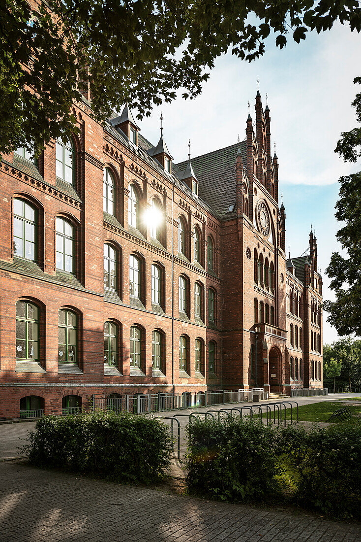 UNESCO World Heritage Hanseatic city of Stralsund, gable roof historic school building in the old town, Mecklenburg-West Pomerania, Germany, Baltic Sea