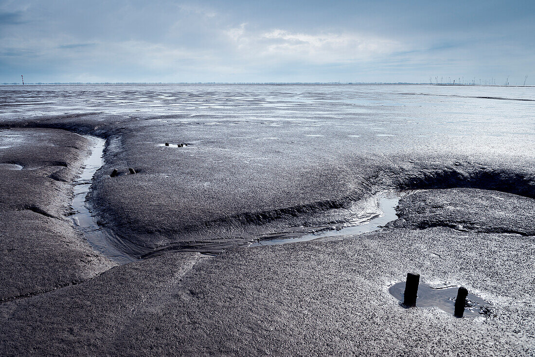 UNESCO World Heritage the Wadden Sea, intertidal estuarine mudflats at Wremen, Cuxhaven, Lower Saxony, Germany, North Sea