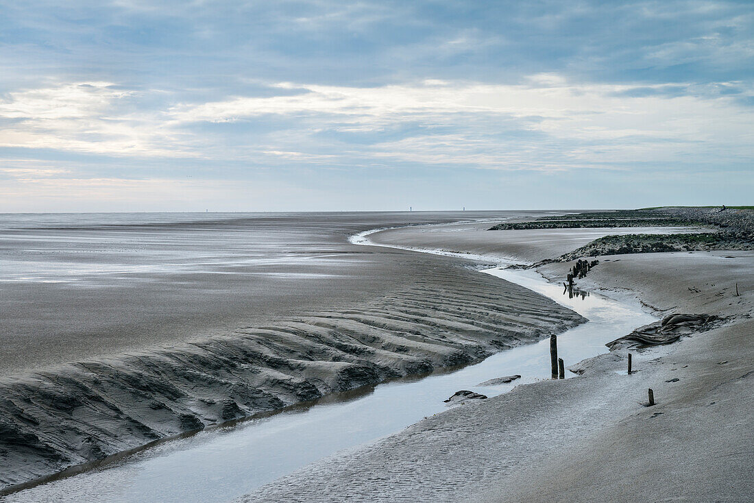 UNESCO World Heritage the Wadden Sea, Shipping channel, intertidal estuarine mudflats at Wremen, Cuxhaven, Lower Saxony, Germany, North Sea