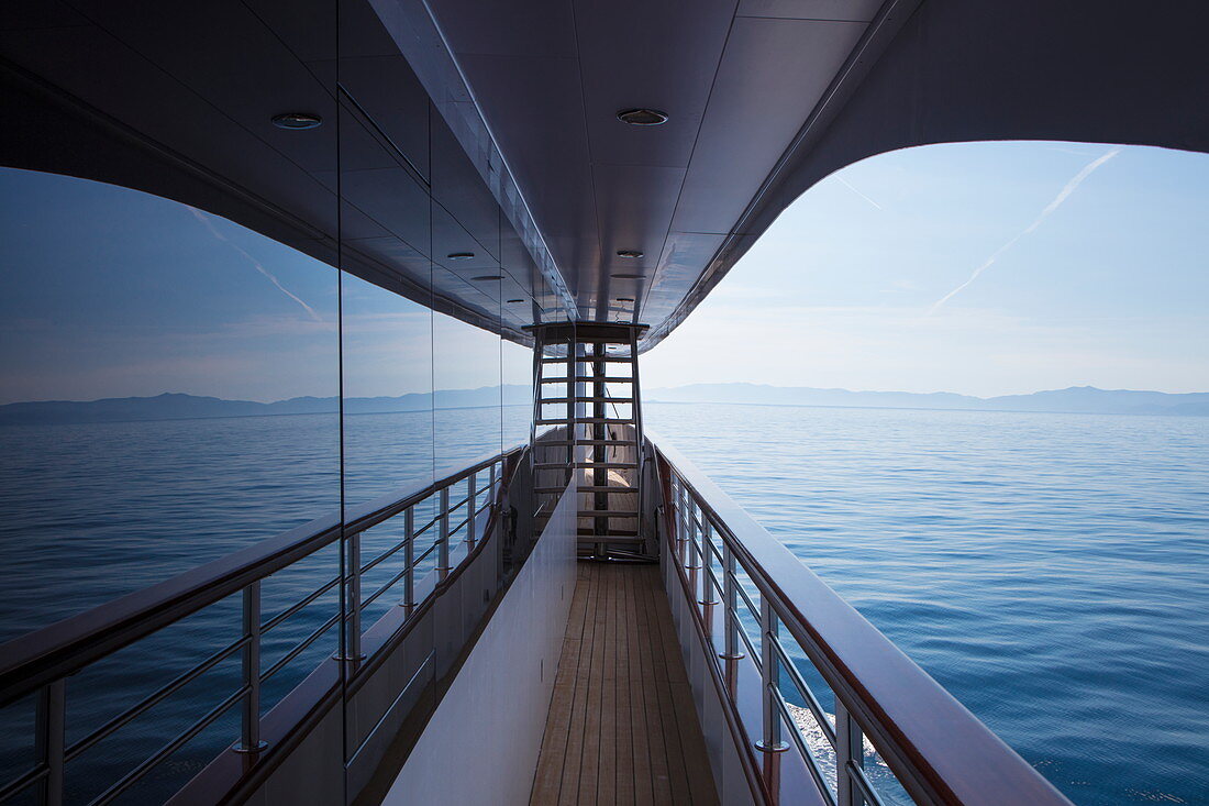 Window reflection of Adriatic Sea seen from aboard cruise ship MS Romantic Star (Reisebüro Mittelthurgau), near Korcula, Dubrovnik-Neretva, Croatia