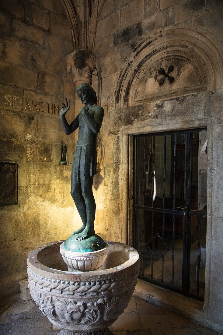 Statue in entrance to bell tower of St. Mark's Cathedral, Korcula, Dubrovnik-Neretva, Croatia