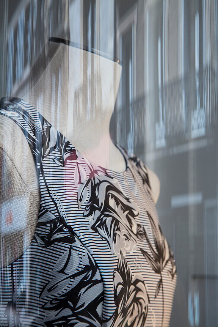 Fashion mannequin in boutique window, Dijon, Côte-d'Or, Bourgogne-Franche-Comté, France