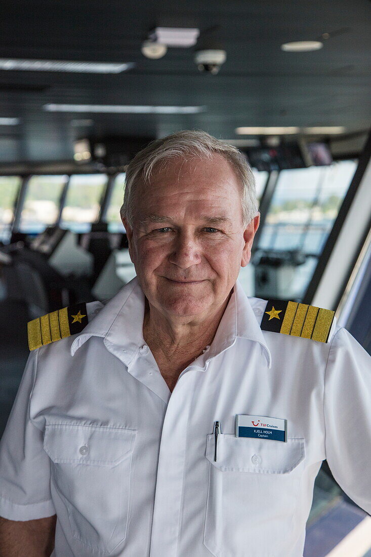 Captain Kjell Holm on bridge of cruise ship Mein Schiff 6 (TUI Cruises), Gdynia, near Gdansk, Pomerania, Poland