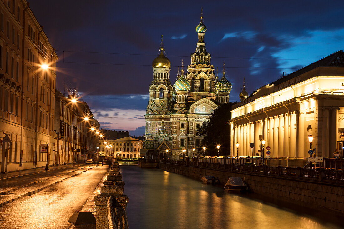 Church of the Savior on Spilled Blood (Church of the Resurrection) and canal at night, St. Petersburg, Russia