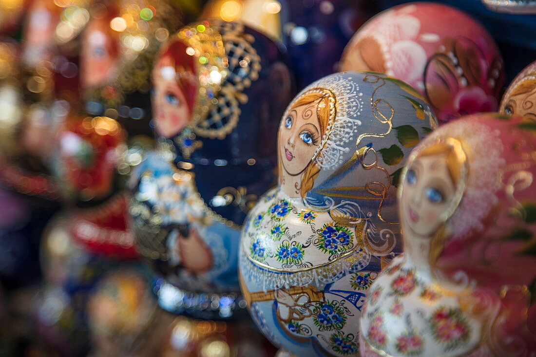 Matryoshka dolls for sale at souvenir shop outside Peterhof Palace (Petrodvorets), St. Petersburg, Russia