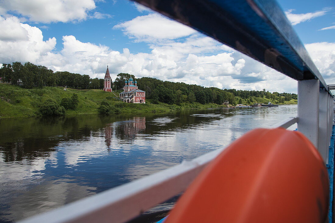 Kazan Church of the Transfiguration alongside Volga river seen from aboard river cruise ship Excellence Katharina of Reisebüro Mittelthurgau (formerly MS General Lavrinenkov), Tutayev, near Yaroslavl, Russia