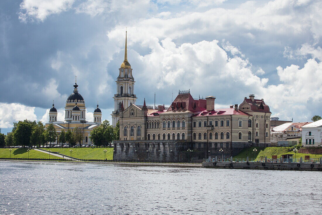 Rybinsk churches seen from river cruise ship Excellence Katharina of Reisebüro Mittelthurgau (formerly MS General Lavrinenkov) on Volga river, Rybinsk, Russia