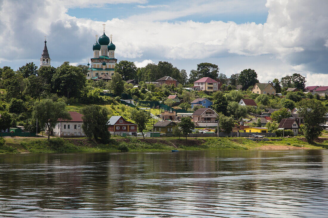 Town and churches seen from aboard river cruise ship Excellence Katharina of Reisebüro Mittelthurgau (formerly MS General Lavrinenkov), Tutayev, near Yaroslavl, Russia