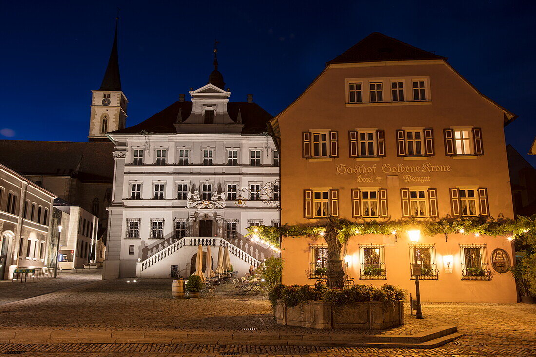 Gasthof Goldene Krone building and Rathaus town hall at dusk, Iphofen, Franconia, Bavaria, Germany