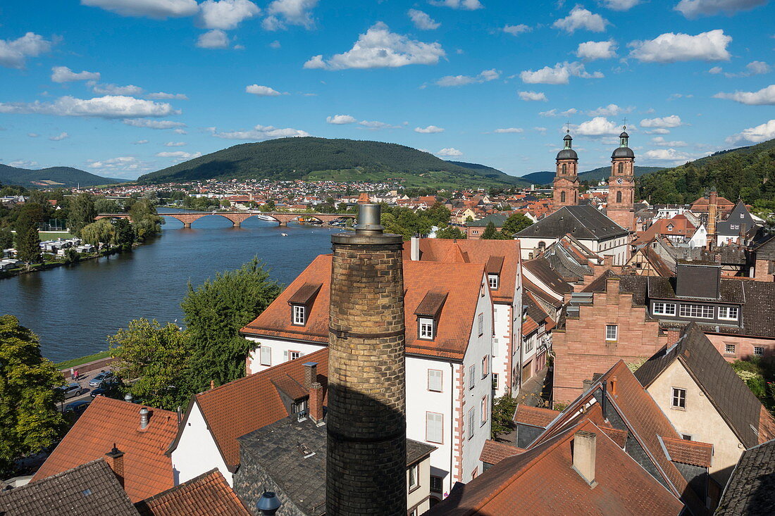 Blick über Dächer der Stadt und auf Fluss Main vom Dach der Brauerei Faust, Miltenberg, Spessart-Mainland, Franken, Bayern, Deutschland, Europa